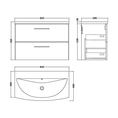 [BFLE2526G] Balterley  Modern Bathroom Wall Hung 2-Drawer Vanity & Curved Basin, Solace Oak, 800mm - Technical Drawing