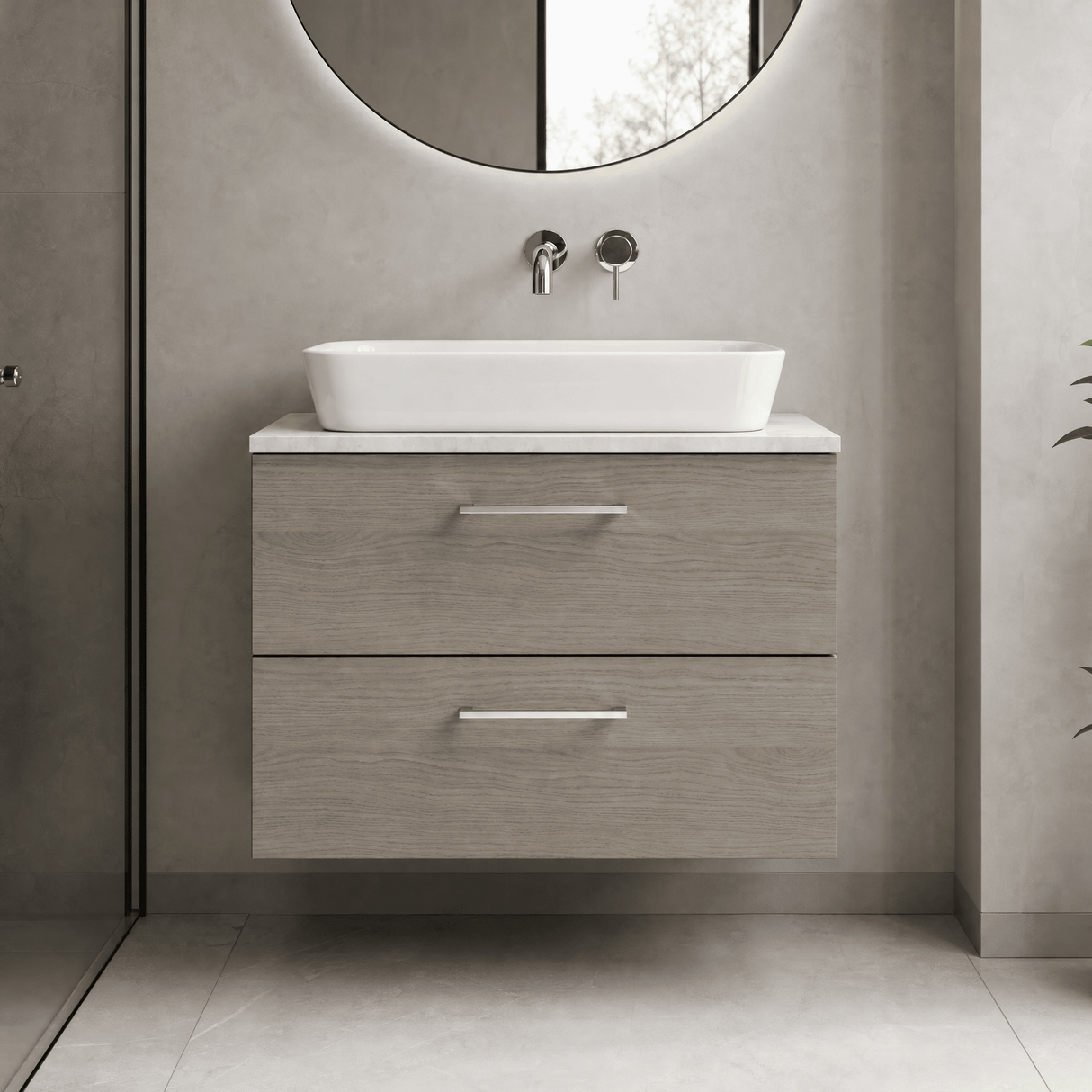 [BFLE2526LBG] Bramshall Contemporary 2 Drawer Wall Hung Vanity Unit with Bellato Grey Laminate Worktop, Choice of Size and Colour