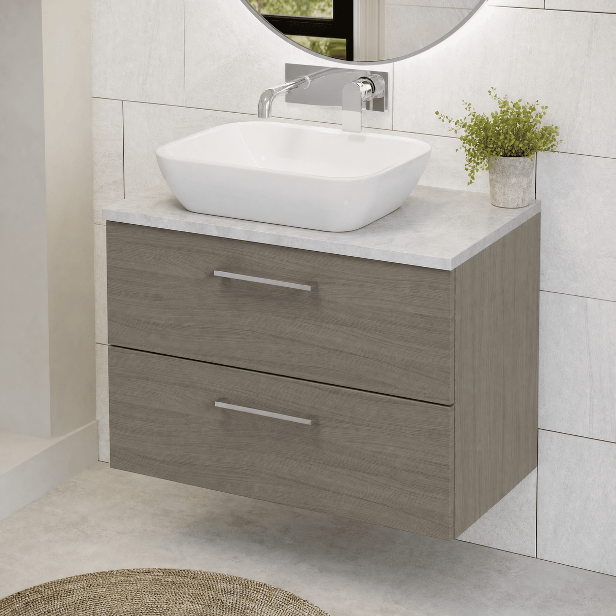 [BFLE2526LBG] Bramshall Contemporary 2 Drawer Wall Hung Vanity Unit with Bellato Grey Laminate Worktop, Choice of Size and Colour