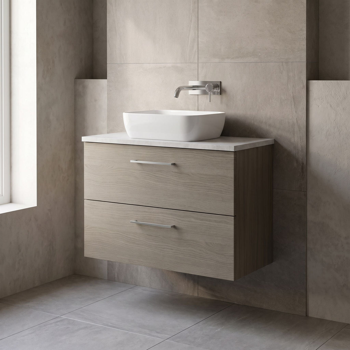 [BFLE2526LBG] Bramshall Contemporary 2 Drawer Wall Hung Vanity Unit with Bellato Grey Laminate Worktop, Choice of Size and Colour