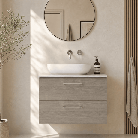 [BFLE2526LBG] Bramshall Contemporary 2 Drawer Wall Hung Vanity Unit with Bellato Grey Laminate Worktop, Choice of Size and Colour - Silo
