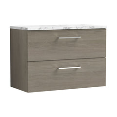 [BFLE2526LCM] Bramshall Contemporary 2 Drawer Wall Hung Vanity Unit with Carrera Marble Laminate Worktop, Choice of Size and Colour - Cutout
