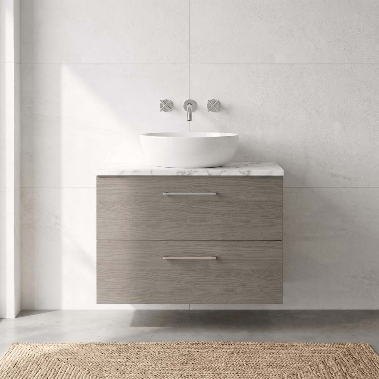 [BFLE2526LCM] Bramshall Contemporary 2 Drawer Wall Hung Vanity Unit with Carrera Marble Laminate Worktop, Choice of Size and Colour