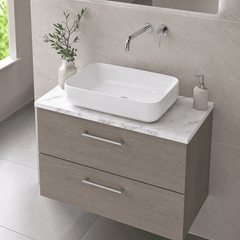 [BFLE2526LCM] Bramshall Contemporary 2 Drawer Wall Hung Vanity Unit with Carrera Marble Laminate Worktop, Choice of Size and Colour