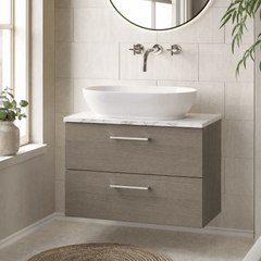 [BFLE2526LCM] Bramshall Contemporary 2 Drawer Wall Hung Vanity Unit with Carrera Marble Laminate Worktop, Choice of Size and Colour