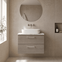 [BFLE2526LCM] Bramshall Contemporary 2 Drawer Wall Hung Vanity Unit with Carrera Marble Laminate Worktop, Choice of Size and Colour - Silo