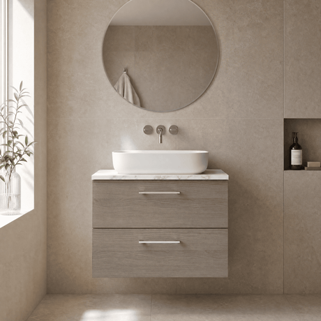[BFLE2526LCM] Bramshall Contemporary 2 Drawer Wall Hung Vanity Unit with Carrera Marble Laminate Worktop, Choice of Size and Colour - Silo