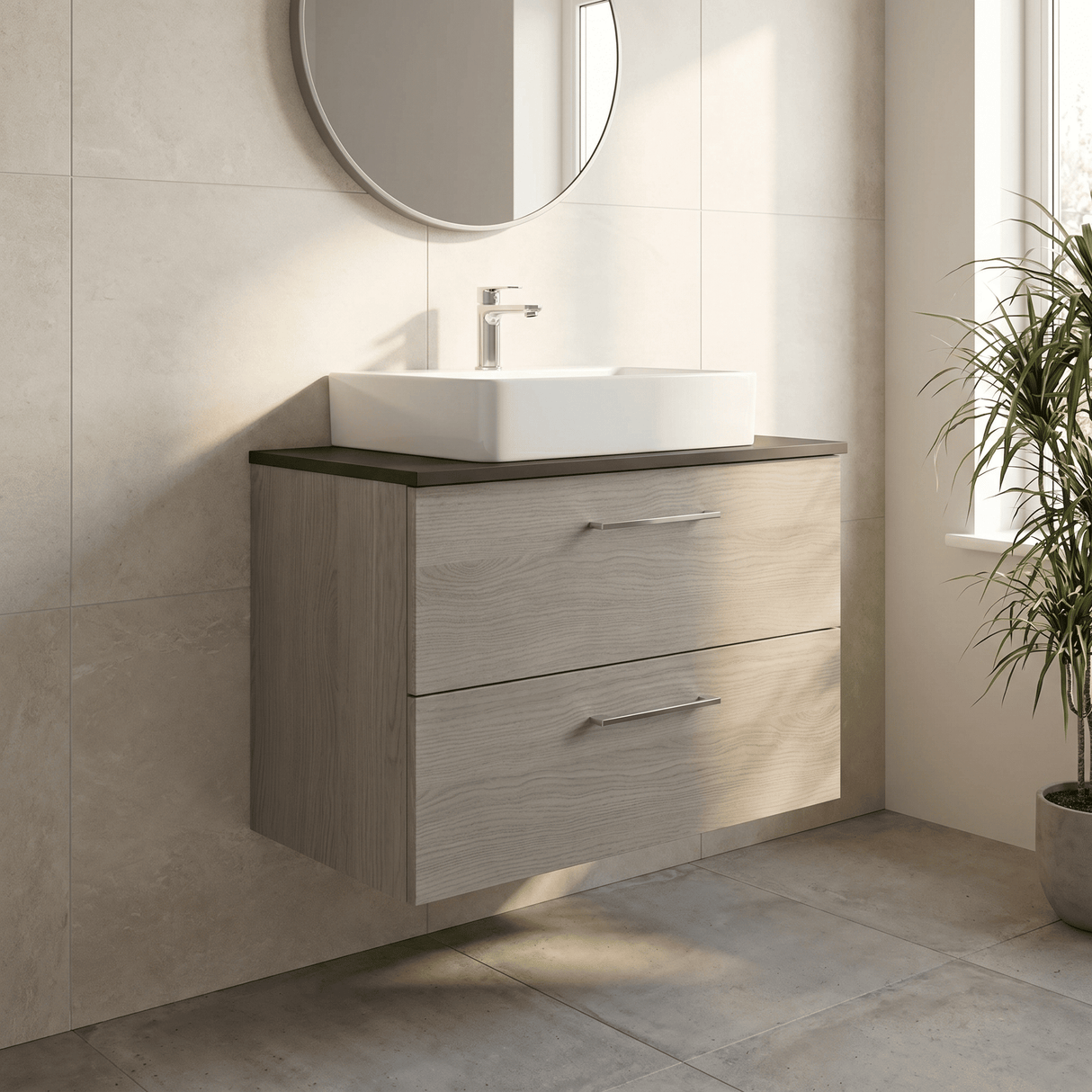 [BFLE2526W] Bramshall Contemporary 2 Soft Close Drawer Wall Hung Vanity Unit with Worktop, Choice of Size and Colour