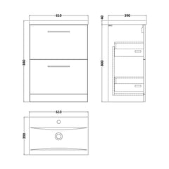 [BFLE2533A] Balterley Contemporary Bathroom Floor Standing 2-Drawer Vanity Unit & Mid-Edge Ceramic Basin, Solace Oak, 600 mm - Technical Drawing