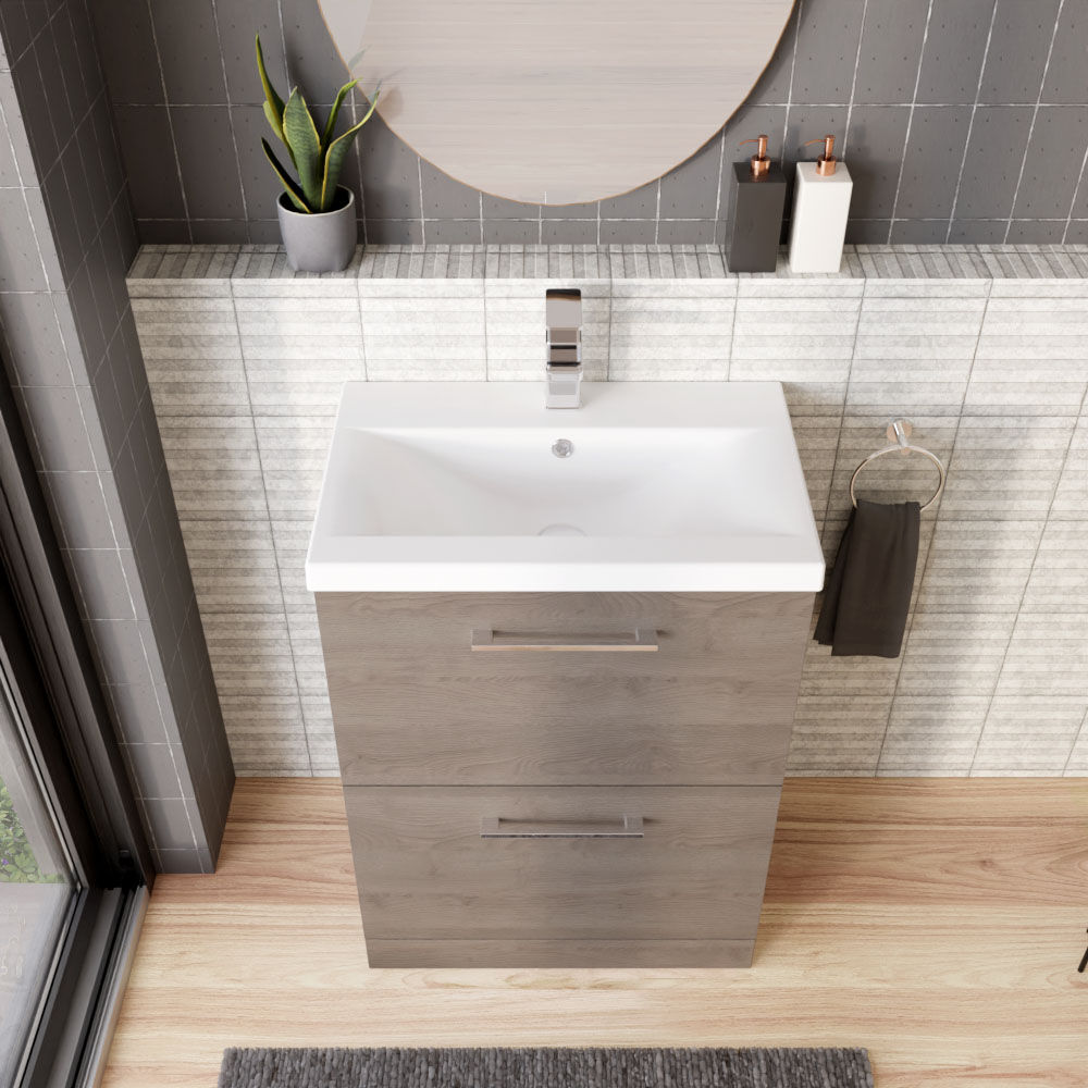 [BFLE2533A] Balterley Contemporary Bathroom Floor Standing 2-Drawer Vanity Unit & Mid-Edge Ceramic Basin, Solace Oak, 600 mm - Lifestyle 2