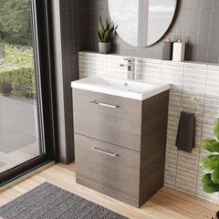 [BFLE2533A] Balterley Contemporary Bathroom Floor Standing 2-Drawer Vanity Unit & Mid-Edge Ceramic Basin, Solace Oak, 600 mm - Lifestyle 3