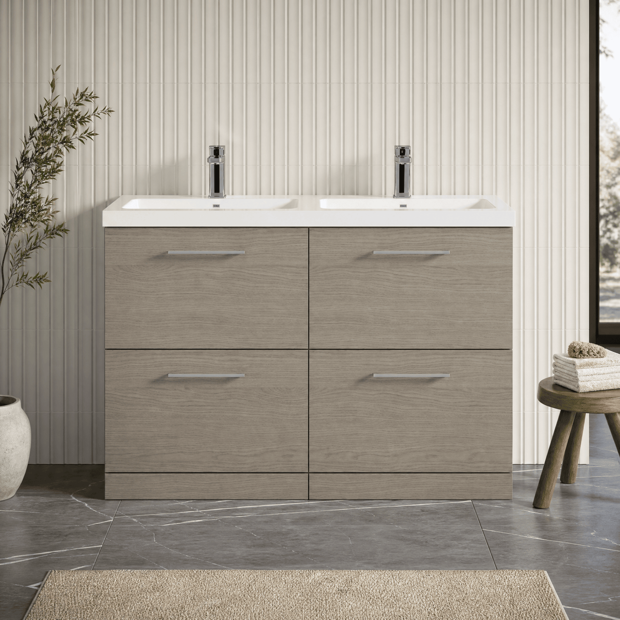 [BFLE2533C2] Balterley Level 1200mm Floor Standing 4 Drawer Vanity Unit with Double Basin, Handles & Overflow for Bathroom Storage Gloss White - Lifestyle 1