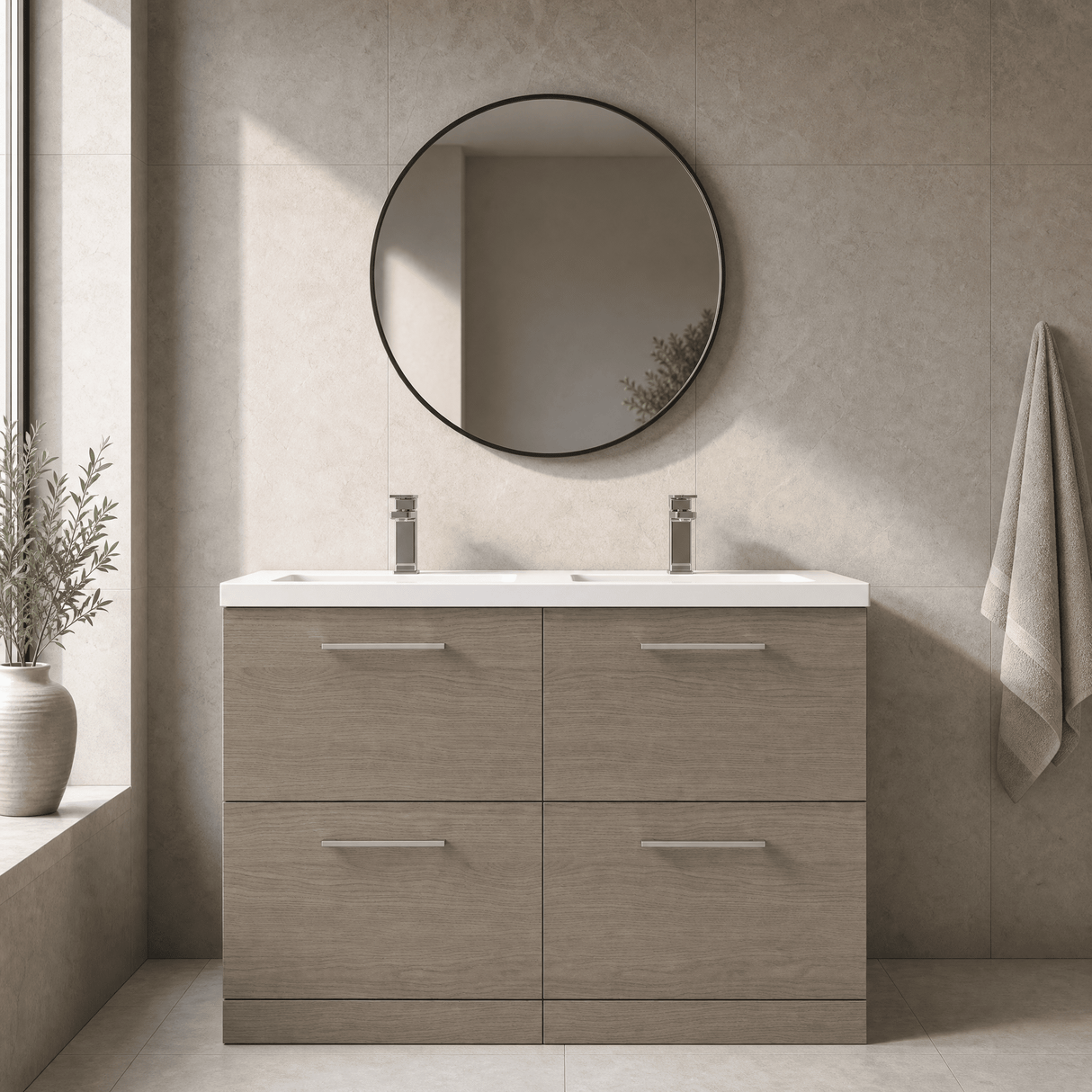 [BFLE2533C2] Balterley Level 1200mm Floor Standing 4 Drawer Vanity Unit with Double Basin, Handles & Overflow for Bathroom Storage Gloss White - Silo