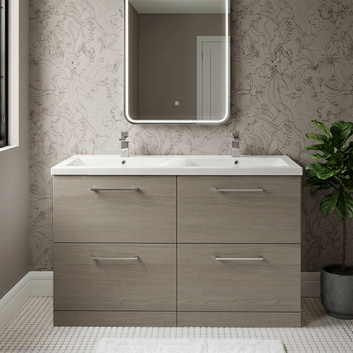 [BFLE2533F2] Balterley Level 1200mm Floor Standing 4 Drawer Vanity Unit with Double Basin, Handles & Overflow for Bathroom Storage Gloss White - Silo