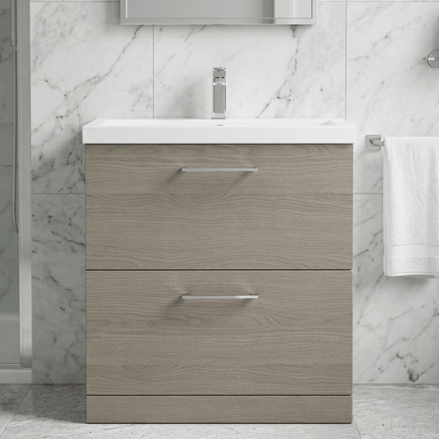 [BFLE2535A] Balterley Contemporary Bathroom Floor Standing 2-Drawer Vanity Unit & Mid-Edge Ceramic Basin, Solace Oak, 800 mm - Silo
