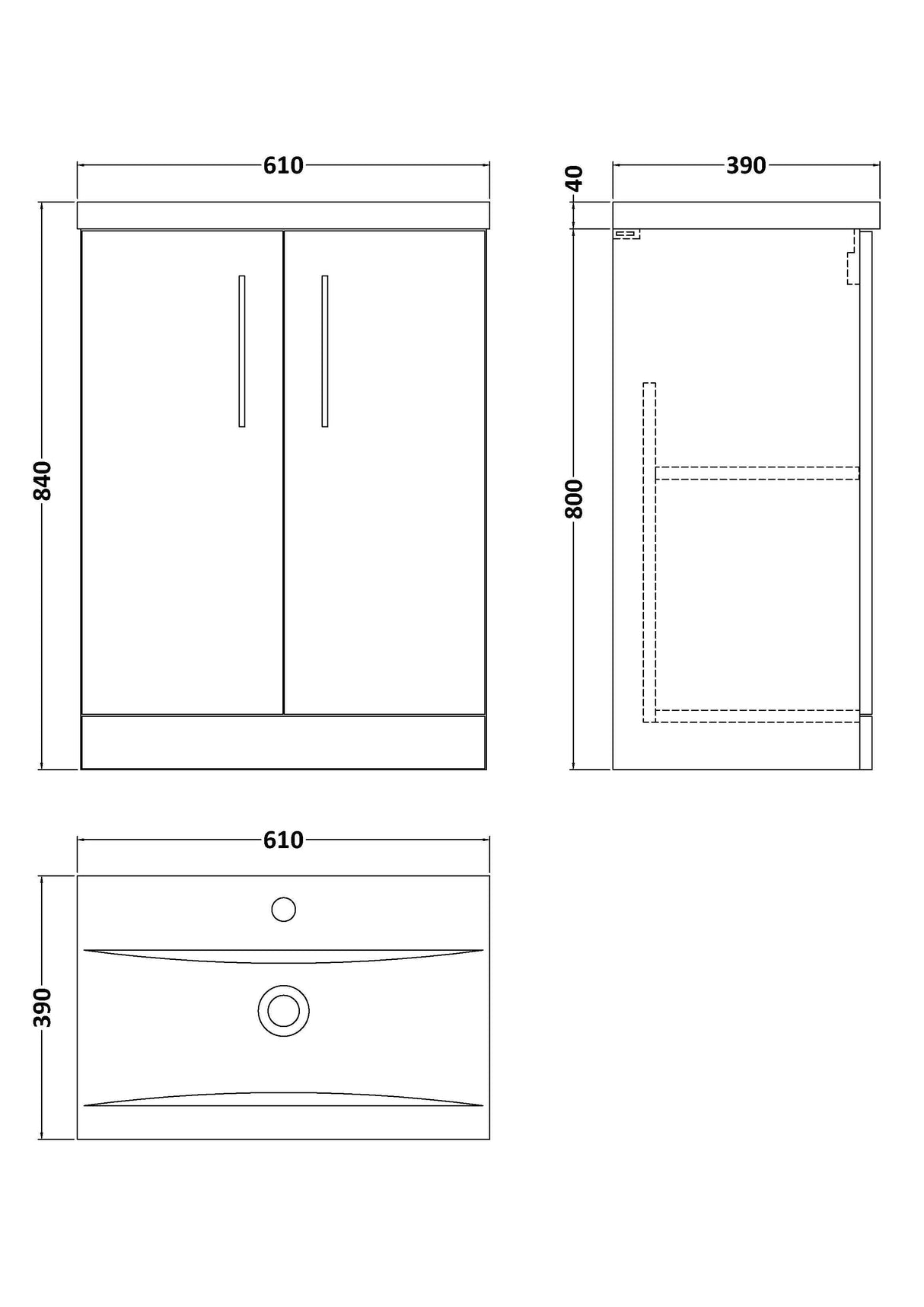 [BFLE2903A] Contemporary Floor Standing Vanity Unit with Mid-Edge Basin, Choice of Size - Line Drawing