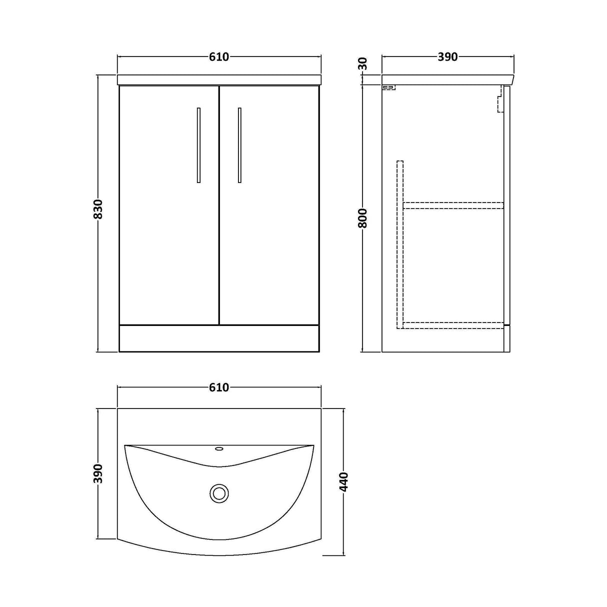 [BFLE2903G] Bramshall Contemporary 2 Soft Close Doors Floor Standing Vanity Basin Unit, Choice of Size/Basin Type/Colour - Technical Drawing