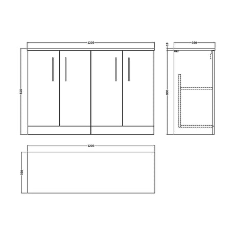 [BFLE2903W2] Balterley Level Modern Bathroom 2 Door Floor Standing Vanity Unit with Worktop & Handles, Midnight Blue, 1205 mm - Technical Drawing