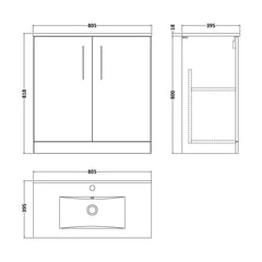 [BFLE2905B] Balterley  Contemporary Bathroom 2 Soft Close Door & Minimalist Floor Standing Vanity Unit Basin, Midnight Blue, 800mm - Technical Drawing
