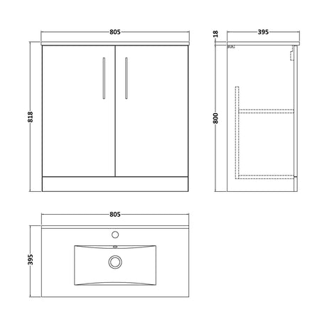 [BFLE2905B] Balterley  Contemporary Bathroom 2 Soft Close Door & Minimalist Floor Standing Vanity Unit Basin, Midnight Blue, 800mm - Technical Drawing