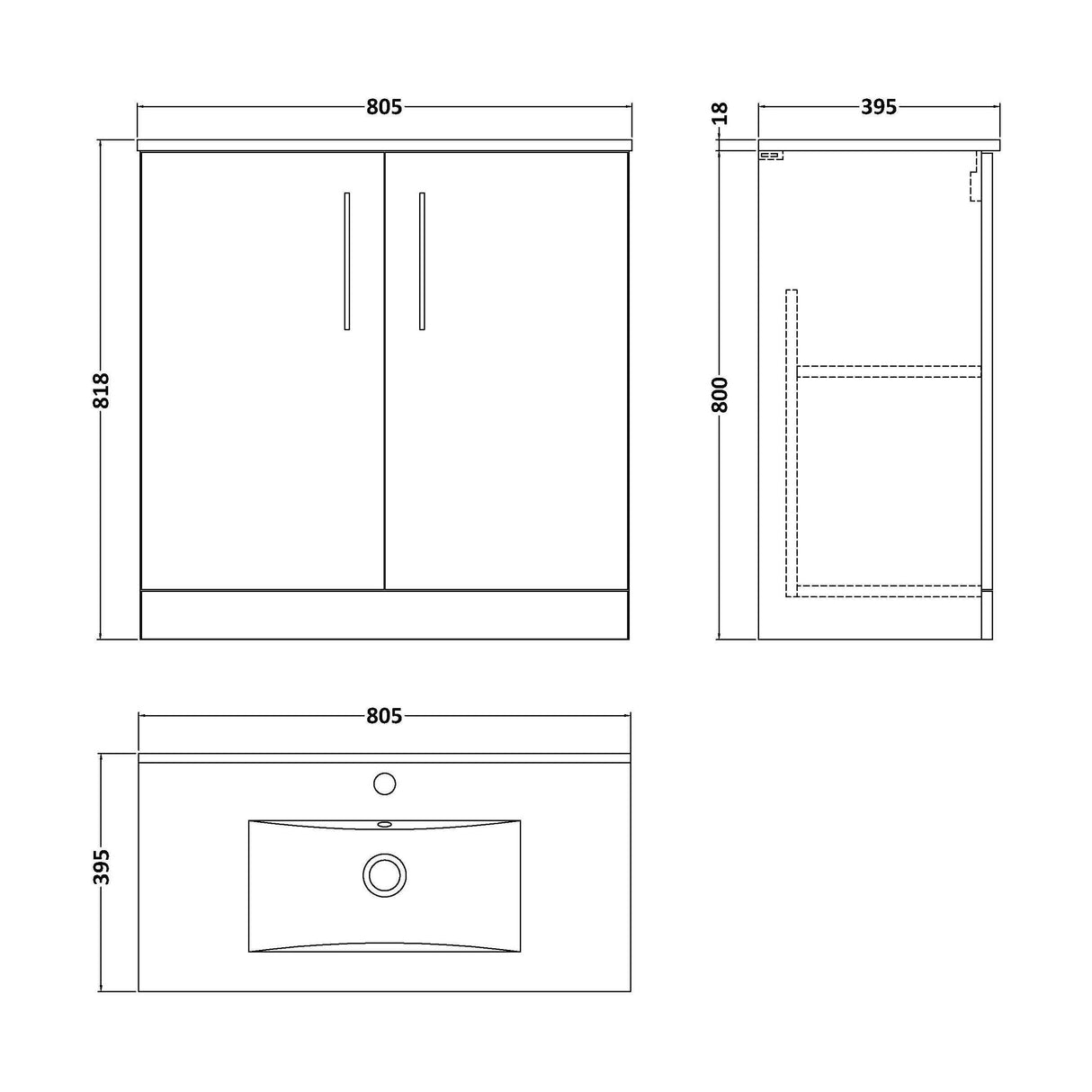 [BFLE2905B] Bramshall Contemporary 2 Soft Close Doors Floor Standing Vanity Basin Unit, Choice of Size/Basin Type/Colour - Technical Drawing