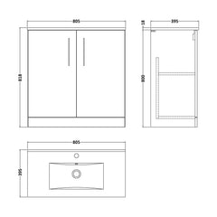 [BFLE2905B] Bramshall Contemporary 2 Soft Close Doors Floor Standing Vanity Basin Unit, Choice of Size/Basin Type/Colour - Technical Drawing