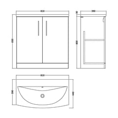 [BFLE2905G] Bramshall Contemporary 2 Soft Close Doors Floor Standing Vanity Basin Unit, Choice of Size/Basin Type/Colour - Technical Drawing