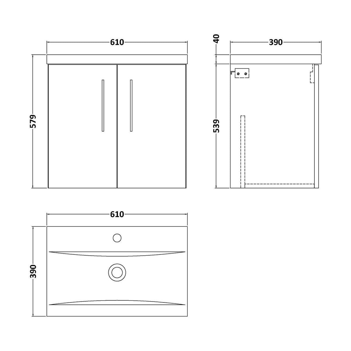 [BFLE2923A] Bramshall Contemporary 2 Door Wall Hung Vanity Basin Unit, Choice of Size, Colour and Basin - Technical Drawing