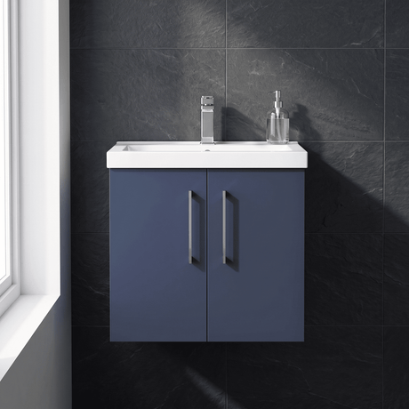[BFLE2923A] Balterley Contemporary Bathroom Wall Hung 2 Soft-Close Door Vanity Unit & Mid-Edge Ceramic Basin, Midnight Blue, 600 mm - Silo