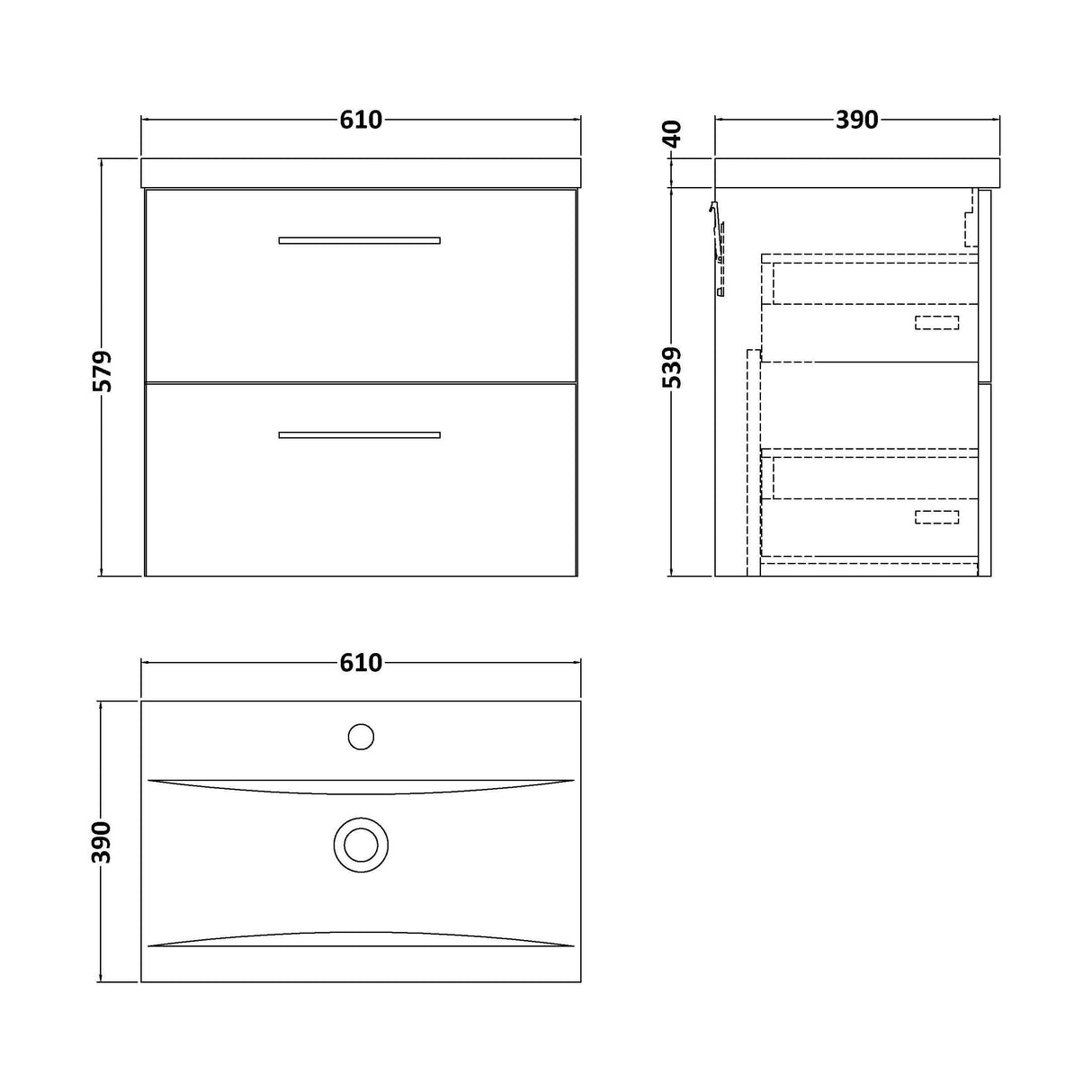 [BFLE2924A] Balterley Contemporary Bathroom Wall Hung 2 Soft-Close Drawer Vanity Unit & Mid-Edge Ceramic Basin, Midnight Blue, 600 mm - Technical Drawing