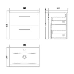 [BFLE2924A] Balterley Contemporary Bathroom Wall Hung 2 Soft-Close Drawer Vanity Unit & Mid-Edge Ceramic Basin, Midnight Blue, 600 mm - Technical Drawing