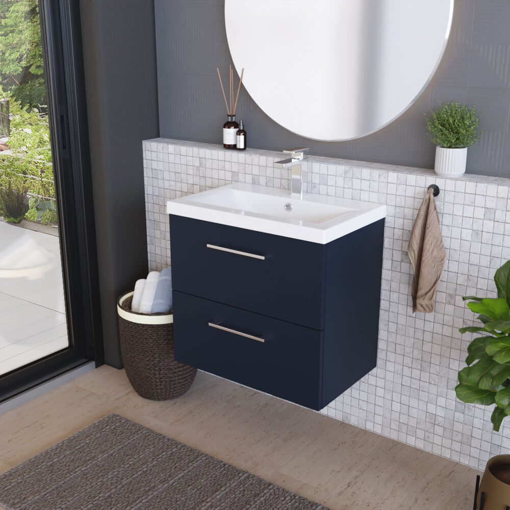 [BFLE2924A] Balterley Contemporary Bathroom Wall Hung 2 Soft-Close Drawer Vanity Unit & Mid-Edge Ceramic Basin, Midnight Blue, 600 mm - Lifestyle 3