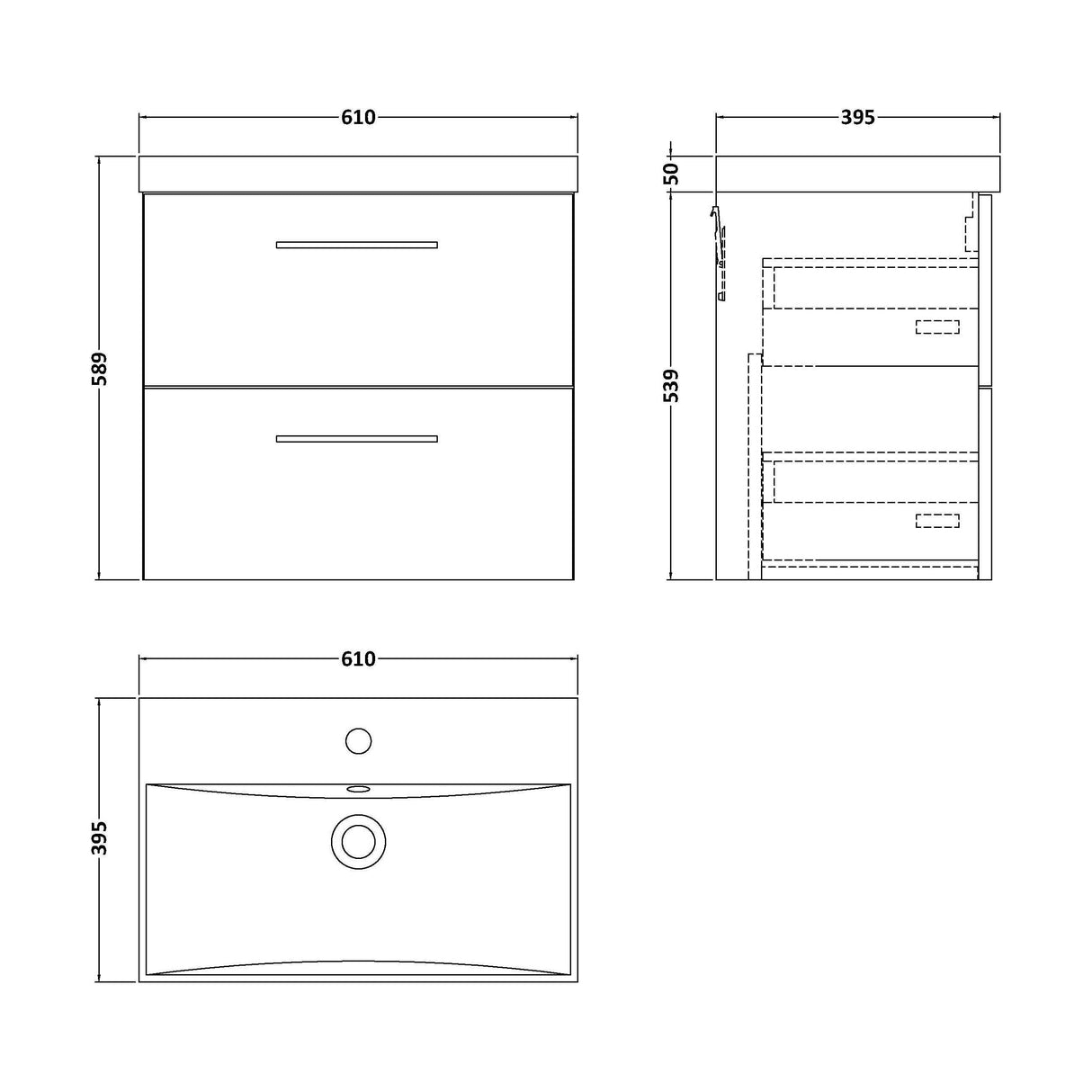 [BFLE2924D] Balterley  Wall Hung 2 Soft Close Drawer & Bathroom Vanity Unit Basin, Midnight Blue, 600mm - Technical Drawing