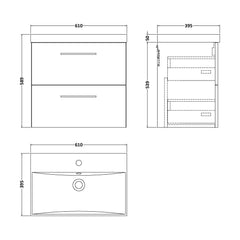 [BFLE2924D] Balterley  Wall Hung 2 Soft Close Drawer & Bathroom Vanity Unit Basin, Midnight Blue, 600mm - Technical Drawing