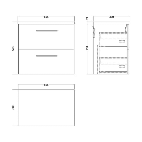 [BFLE2924LBG] Balterley Level 600mm Wall Hung 2 Drawer Vanity Unit with Laminate Worktop for Stylish Compact Bathroom Storage - Midnight Blue - Technical Drawing