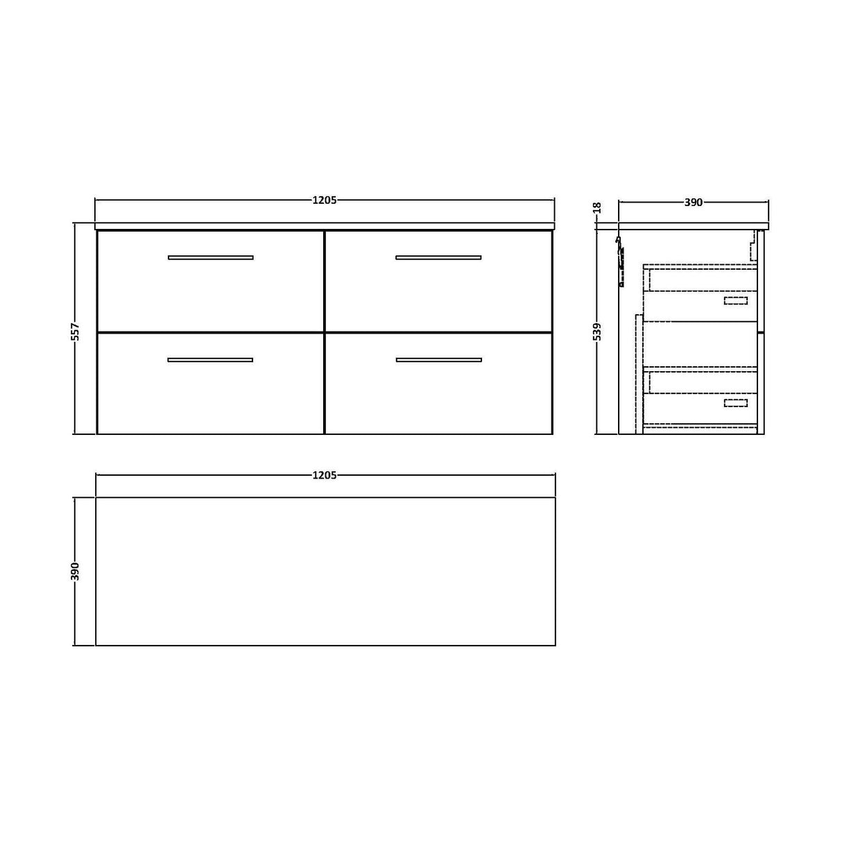 [BFLE2924W2] Balterley Level Modern Bathroom 1200mm Wall Hung 4 Soft Close Drawer Vanity Unit with Worktop, 558 x 1205 x 390mm, Midnight Blue - Technical Drawing