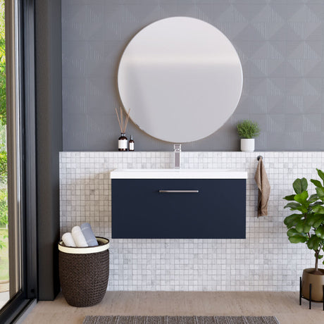 [BFLE2925A] Balterley Contemporary Bathroom Wall Hung 1 Soft-Close Drawer Vanity Unit & Mid-Edge Ceramic Basin, Midnight Blue, 800 mm - Lifestyle 1