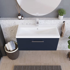 [BFLE2925A] Balterley Contemporary Bathroom Wall Hung 1 Soft-Close Drawer Vanity Unit & Mid-Edge Ceramic Basin, Midnight Blue, 800 mm - Lifestyle 2