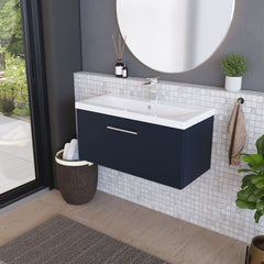 [BFLE2925A] Balterley Contemporary Bathroom Wall Hung 1 Soft-Close Drawer Vanity Unit & Mid-Edge Ceramic Basin, Midnight Blue, 800 mm - Lifestyle 3