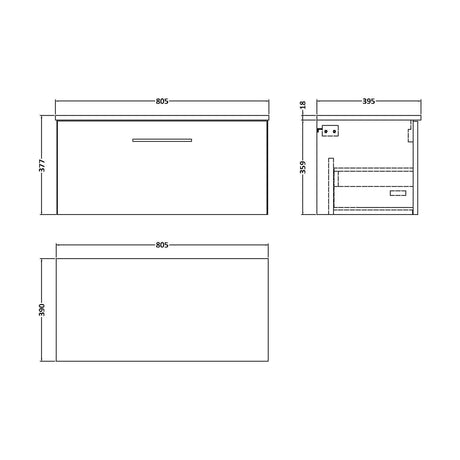 [BFLE2925W] Balterley Level Modern Bathroom 800mm Wall Hung 1-Drawer Vanity Unit with Worktop, Soft Close Drawer, Midnight Blue - Technical Drawing