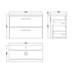 [BFLE2926A] Balterley Contemporary Bathroom Wall Hung 2 Soft-Close Drawer Vanity Unit & Mid-Edge Ceramic Basin, Midnight Blue, 800 mm - Technical Drawing