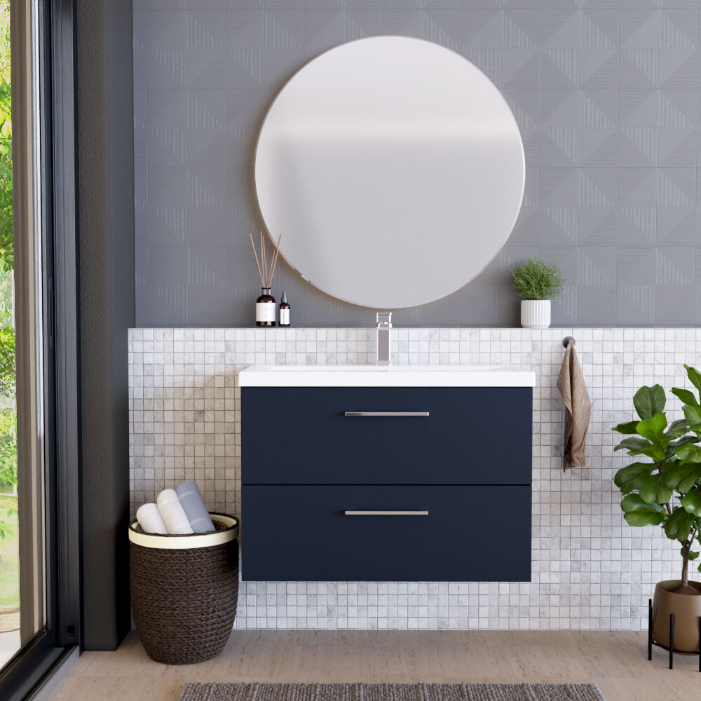 [BFLE2926A] Balterley Contemporary Bathroom Wall Hung 2 Soft-Close Drawer Vanity Unit & Mid-Edge Ceramic Basin, Midnight Blue, 800 mm - Lifestyle 1