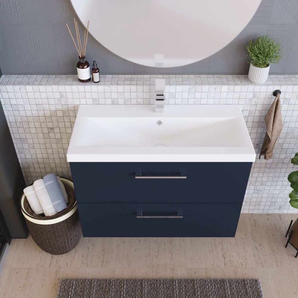 [BFLE2926A] Balterley Contemporary Bathroom Wall Hung 2 Soft-Close Drawer Vanity Unit & Mid-Edge Ceramic Basin, Midnight Blue, 800 mm - Lifestyle 2