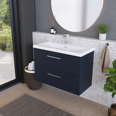 [BFLE2926A] Balterley Contemporary Bathroom Wall Hung 2 Soft-Close Drawer Vanity Unit & Mid-Edge Ceramic Basin, Midnight Blue, 800 mm - Lifestyle 3