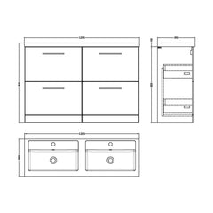 [BFLE2933C2] Balterley Level 1200mm Floor Standing 4 Drawer Vanity Unit with Double Basin, Handles & Overflow for Bathroom Storage Gloss White - Technical Drawing