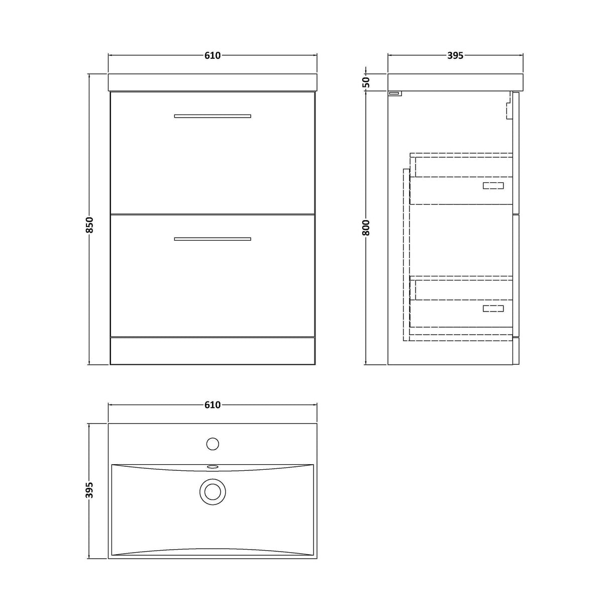 [BFLE2933D] Bramshall Contemporary 2 Drawer Floor Standing Vanity Unit, Choice of Size, Colour and Basin - Technical Drawing
