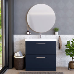 [BFLE2935A] Balterley Contemporary Bathroom Floor Standing 2 Soft-Close Drawer Vanity Unit & Mid-Edge Ceramic Basin, Midnight Blue, 800 mm - Lifestyle 1