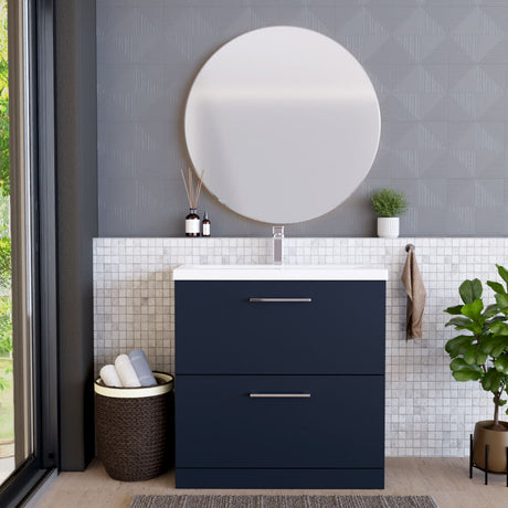 [BFLE2935A] Balterley Contemporary Bathroom Floor Standing 2 Soft-Close Drawer Vanity Unit & Mid-Edge Ceramic Basin, Midnight Blue, 800 mm - Lifestyle 1