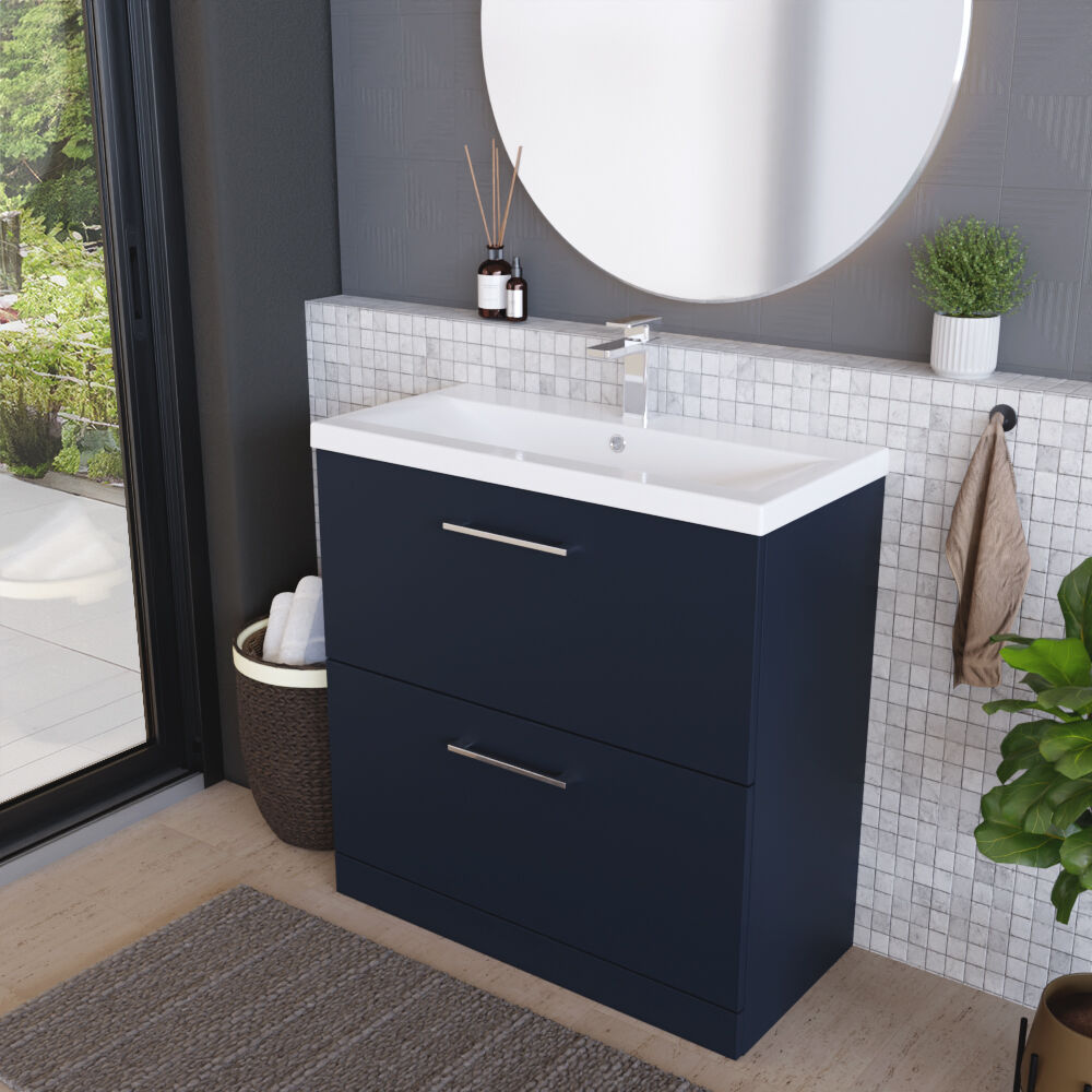[BFLE2935A] Balterley Contemporary Bathroom Floor Standing 2 Soft-Close Drawer Vanity Unit & Mid-Edge Ceramic Basin, Midnight Blue, 800 mm - Lifestyle 3
