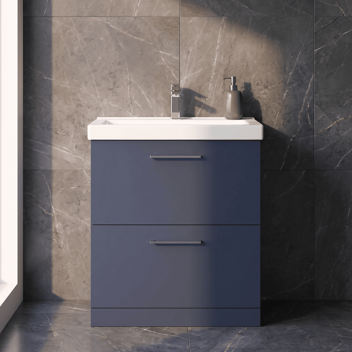 [BFLE2935A] Balterley Contemporary Bathroom Floor Standing 2 Soft-Close Drawer Vanity Unit & Mid-Edge Ceramic Basin, Midnight Blue, 800 mm - Silo